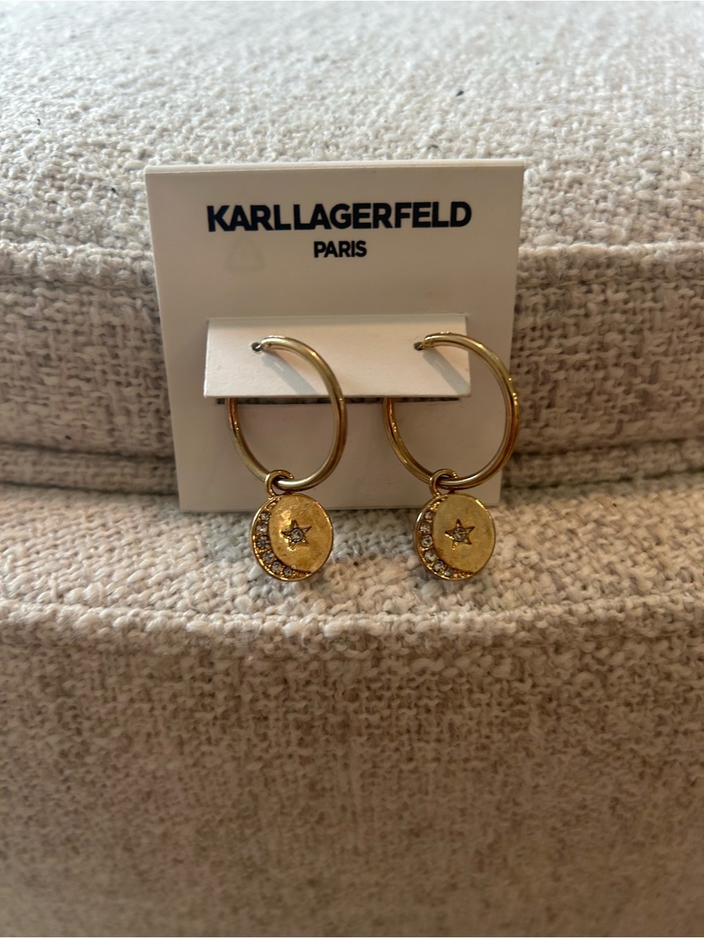 Karl Lagerfeld Gold Hoop Earrings with Crystal Crescent Discs